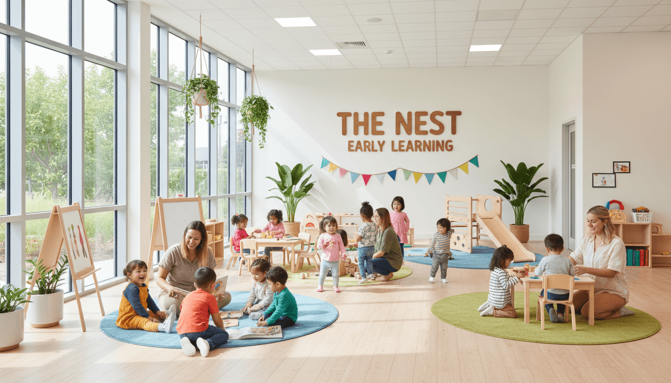 Childcare educators working with children in a bright, welcoming early learning centre