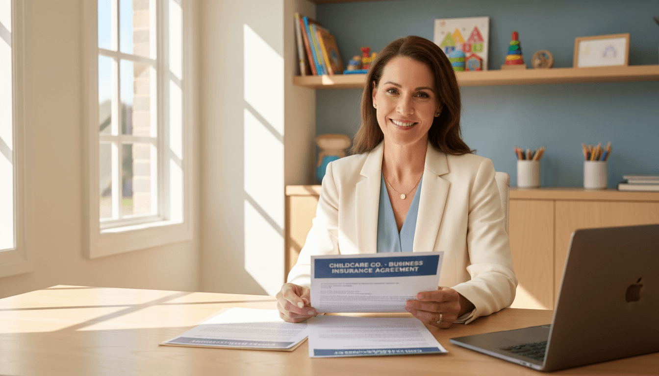 Childcare centre director reviewing tailored insurance documents with confidence