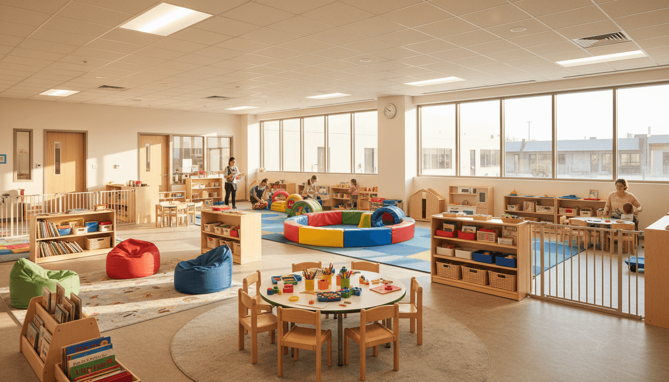 A bright, energetic lifestyle aesthetic wide shot of a well-equipped modern childcare centre interior