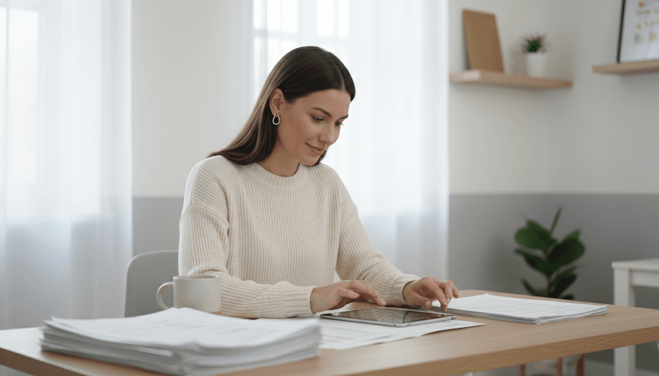 Childcare centre director reviewing insurance documentation