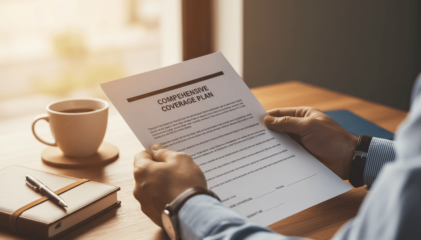 Hands holding and reviewing childcare insurance policy document