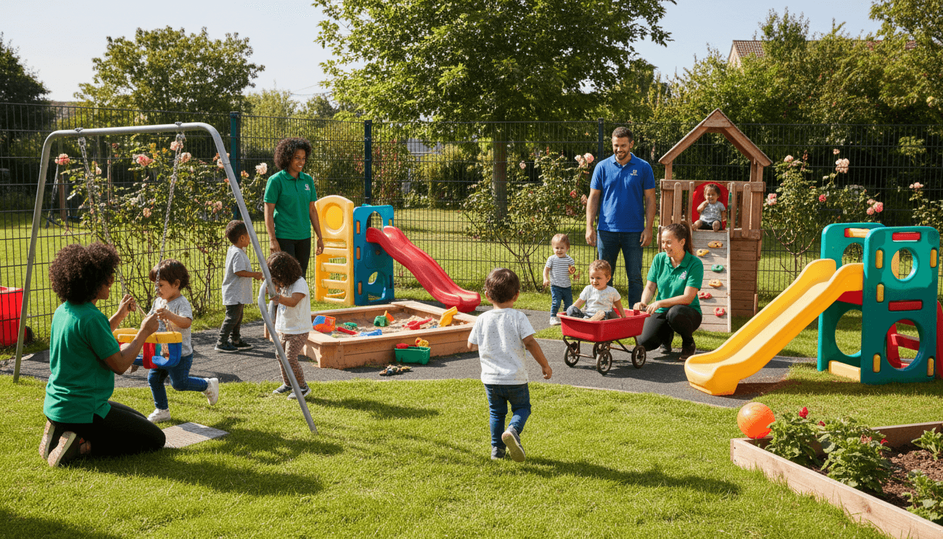 Childcare educators supervising children safely in outdoor play area