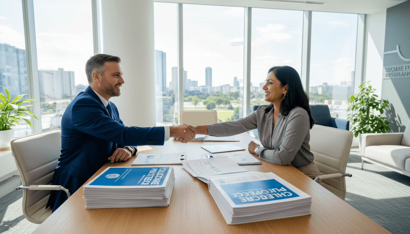 Professional meeting between insurance broker and childcare centre director reviewing management liability coverage