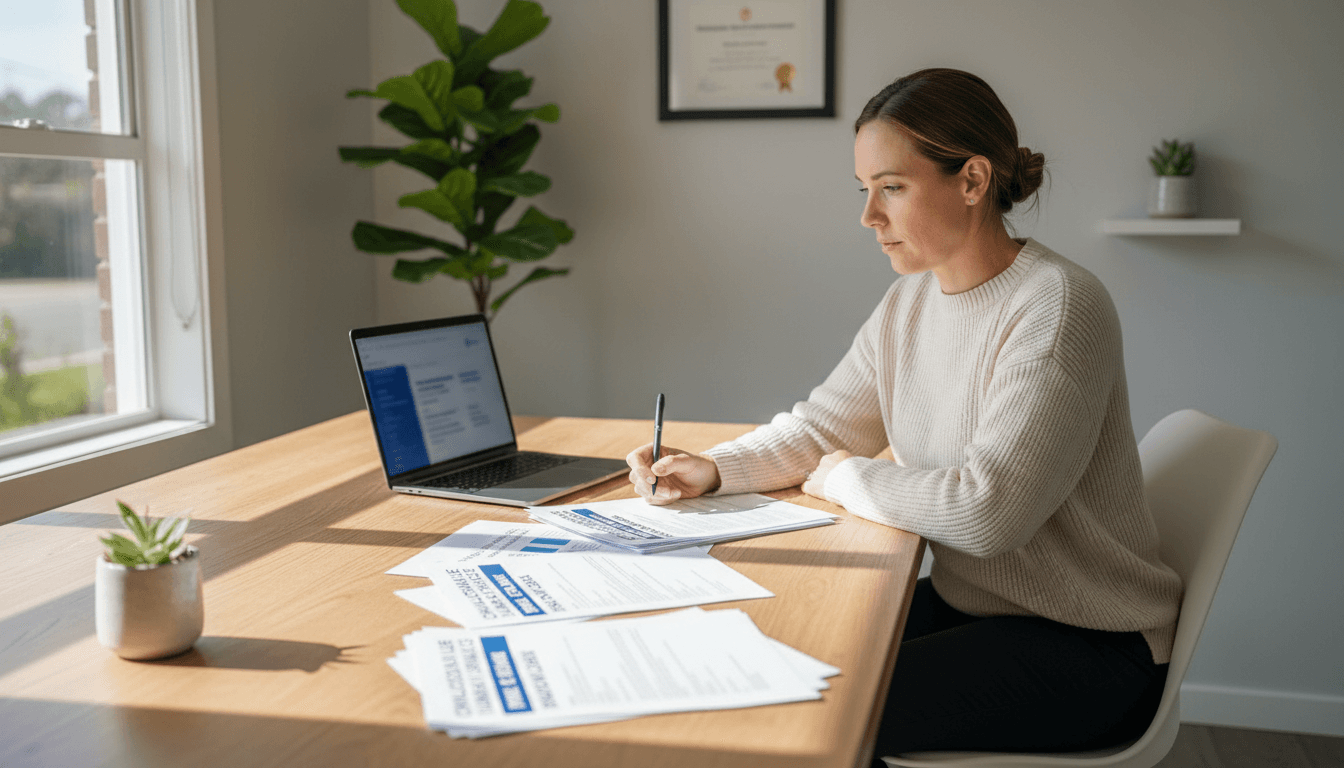 Childcare centre director reviewing insurance documents at desk with laptop