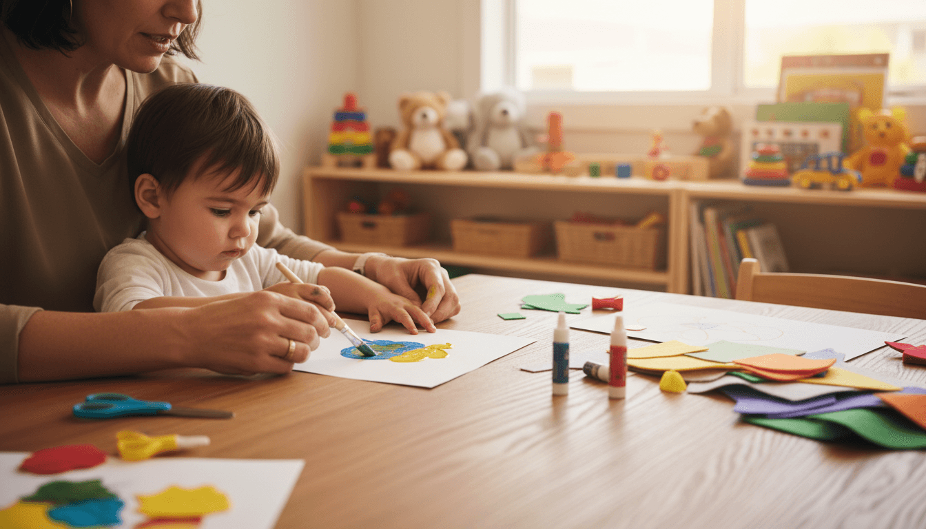 Childcare educator guiding child during hands-on activity